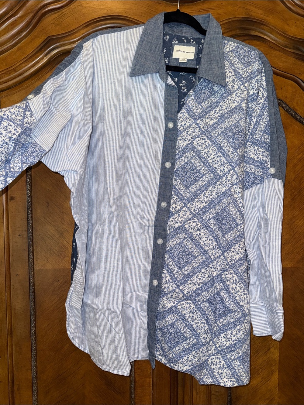 American Eagle Outfitters Patchwork Blue & White Button-Down Shirt